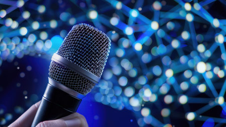 A detailed close-up of a microphone held in hand, set against a dreamy bokeh backdrop featuring blue glowing lights, perfect for music-related themes.の素材