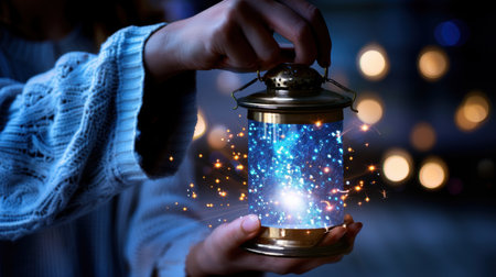 A captivating image of a glowing lantern held in hands, showcasing a cosmic scene of stars and sparkles, set against a softly blurred background, inspiring wonder.の素材
