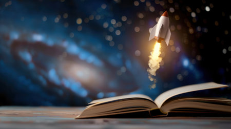 A captivating visual representation of creativity and exploration, showing a rocket launching from an open book in a cosmic scene filled with stars.の素材