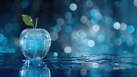 A stunning image of a glossy crystal apple resting on a reflective water surface, featuring a vibrant blue background and delicate bokeh. Perfect for showcasing elegance.の素材