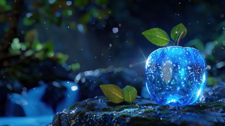 A mesmerizing blue apple glows softly amid lush greenery, complemented by a gentle waterfall in the background, evoking a tranquil, enchanted atmosphere.の素材