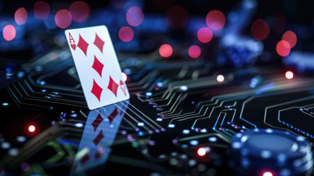 This captivating image features an Ace of Diamonds card alongside casino chips set against a detailed circuit board, highlighting themes of luck and technology.の素材