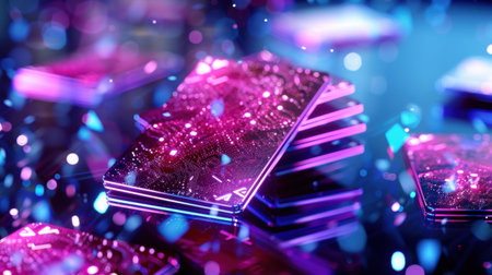 An abstract representation of technology featuring glowing electronic circuit boards layered in vibrant hues of purple and blue, surrounded by sparkling particles.の素材