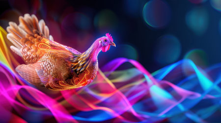 This vibrant image captures a colorful chicken flying above a dynamic background of flowing light waves. It showcases artistic flair and creativity.の素材