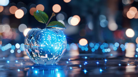 A stunning reflective crystal apple with a vibrant green leaf sits amid enchanting bokeh lights, creating a magical atmosphere and inviting creativity.の素材