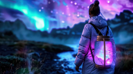A captivating scene featuring a solitary figure with a glowing lantern, silhouetted against a breathtaking aurora borealis and starry sky, evoking a sense of wonder.の素材