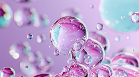 This captivating abstract image showcases colorful water bubbles reflecting light against a soft purple backdrop, creating a dreamy and ethereal atmosphere.の素材
