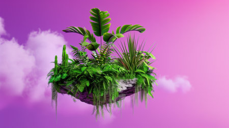 Experience a vibrant surreal landscape with lush tropical plants floating on a rocky island, set against a dreamy pink cloud background, evoking tranquility and beauty.の素材