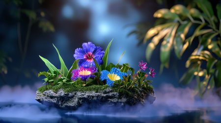 A stunning display of vibrant flowers and lush greenery set on a small island, surrounded by a mystical mist, creating a serene and enchanting atmosphere.の素材