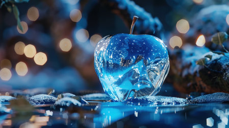 A captivating blue crystal apple rests on a reflective surface, surrounded by soft winter lights and a serene atmosphere, enhancing its magical appeal.の素材
