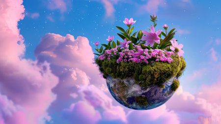 A surreal representation of Earth floating amidst vibrant flowers and lush greenery, set against a dreamy sky filled with soft clouds. This image evokes tranquility and beauty, capturing the essence of nature.の素材