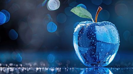This artistic image features a glimmering blue apple adorned with dew drops, resting on a reflective surface amidst a soft bokeh background, evoking freshness and creativity.の素材