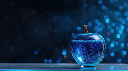 A captivating glass apple filled with blue liquid stands on a smooth surface against a shimmering blue backdrop, creating a stunning visual experience.の素材