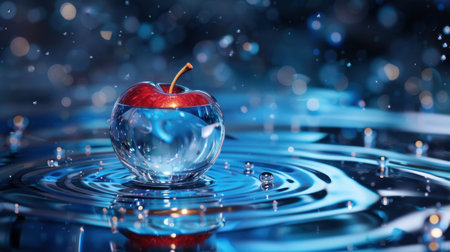 This captivating image features a red apple gently floating on a tranquil water surface adorned with sparkling droplets. The blue bokeh background enhances the serene atmosphere, making it an ideal choice for various creative projects.の素材