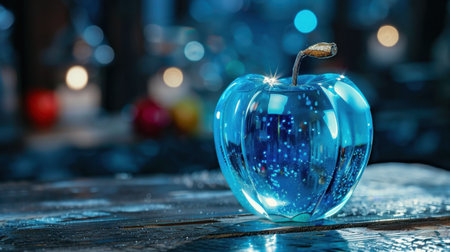 A captivating blue apple sculpture radiates elegance with its shiny surface and sparkling reflections, set against a warm bokeh backdrop.の素材