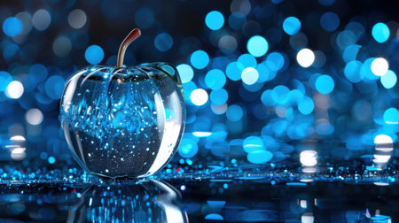 This artistic image features a glass apple sitting on a reflective surface, illuminated by sparkling blue bokeh lights. It captures beauty and creativity.の素材