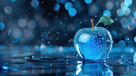 A stunning blue apple with water droplets rests on a reflective surface against a softly blurred bokeh backdrop, creating a visually striking composition.の素材