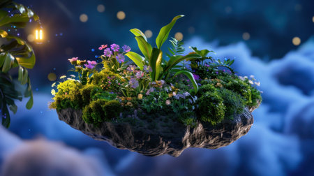 Experience the wonder of a mystical floating garden filled with vibrant flowers and lush green foliage, surrounded by a dreamy night sky.の素材