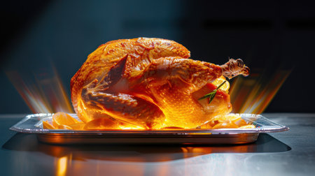 A beautifully roasted turkey glistens on a silver platter, surrounded by vibrant citrus fruits, evoking a warm, inviting dining experience.の素材
