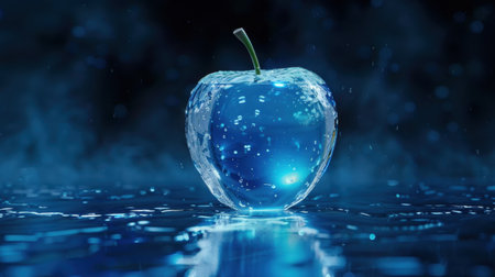 A stunning transparent blue apple draped in water droplets sits in a dark, mystical atmosphere, creating a visually captivating representation of freshness and beauty.の素材