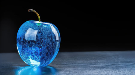 A stunning blue apple sculpture sits elegantly on a metallic surface, radiating creativity and modern design against a dark backdrop, perfect for artistic inspiration.の素材
