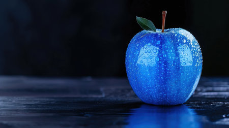This striking image showcases a vibrant blue apple adorned with water droplets, set against a dark background, highlighting its freshness and beauty.の素材