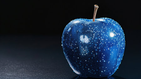A stunning close-up of a shiny blue apple adorned with sparkling water droplets, set against a dark background. Ideal for food and beverage photography.の素材