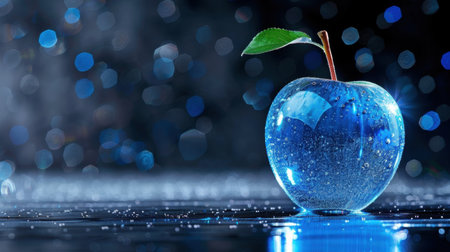 This artistic image features a glimmering blue apple adorned with water droplets, resting on a reflective surface, set against a dreamy bokeh background.の素材