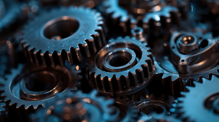 A detailed close-up of interlocking metallic gears, showcasing intricate designs and reflective surfaces. Ideal for industrial and engineering themes.の素材