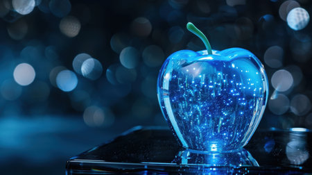 A captivating glass apple glows with sparkling lights, set against a dreamy bokeh background that emphasizes its artistic appeal and creativity.の素材