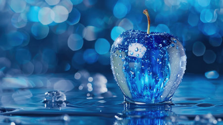 This captivating image features a shiny blue apple adorned with water droplets, set against a vibrant bokeh background, perfect for food photography or artistic designs.の素材