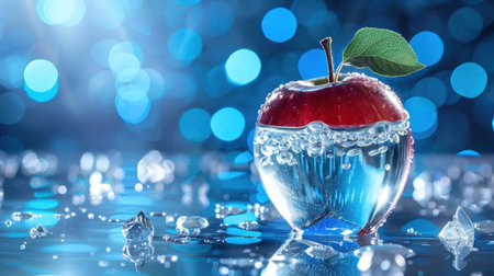 A visually stunning image of a fresh red apple half submerged in crystal clear water, surrounded by bubbles and a vibrant blue bokeh background.の素材