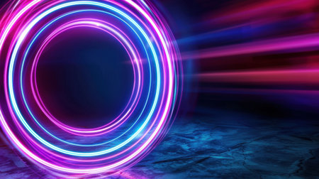 This image features a vibrant neon circle illuminated with radiant light beams in striking colors against a dark backdrop, perfect for futuristic designs.の素材
