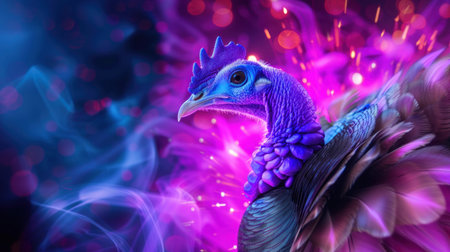 A stunning close-up of a majestic peacock showcasing its vibrant colors against a dynamic background with light and smoke effects, evoking artistry.の素材