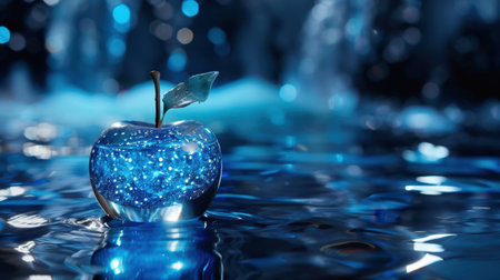 This stunning image features a glistening blue apple floating gently in serene water, surrounded by enchanting light reflections and sparkling elements.の素材