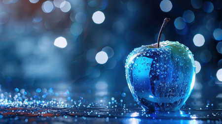 A striking close-up of a blue apple adorned with glistening water droplets on a smooth reflective surface, enhanced by a mesmerizing bokeh background.の素材