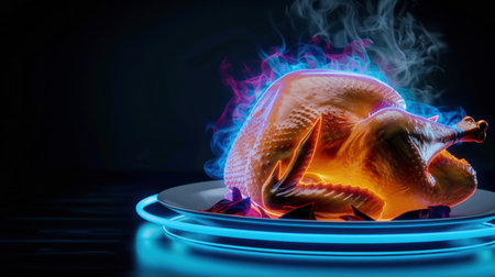 A stunning visual of a futuristic cooked turkey displayed on a plate, surrounded by neon glow and smoke. Ideal for culinary and festive themes.の素材