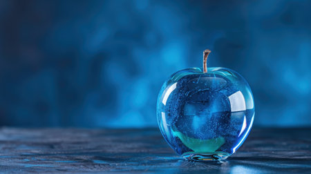 A stunning crystal blue apple sits on a textured surface, reflecting light against a soft blue background, creating a serene and artistic atmosphere.の素材
