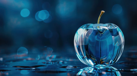 This striking image features a clear apple-shaped object glistening with water droplets on a blue background. The artistic light creates a vibrant atmosphere.の素材