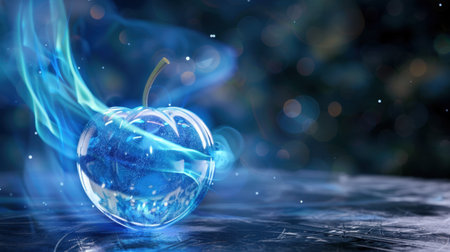 This stunning image features a blue glass apple surrounded by ethereal smoke, creating a surreal ambiance. The luminous effects and reflections enhance its artistic appeal.の素材