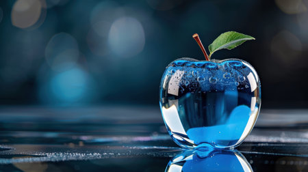 A stunning blue glass apple captures light and reflections beautifully. The delicate bubbles and vibrant green leaf create a modern, artistic aesthetic perfect for various creative projects.の素材