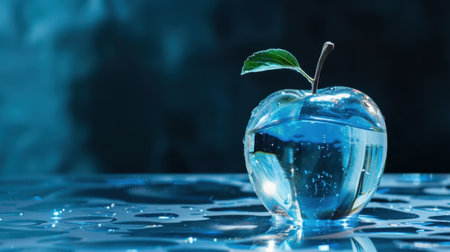 A stunning image of a crystal clear apple sitting in water, highlighted with droplets against a serene blue background, showcasing freshness and elegance.の素材