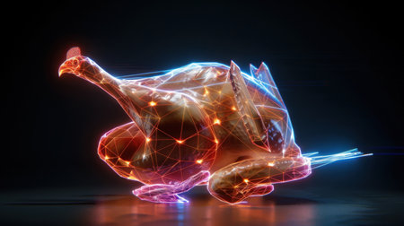 This striking digital illustration features a turkey rendered in a vibrant neon wireframe, perfect for Thanksgiving themes and culinary designs.の素材