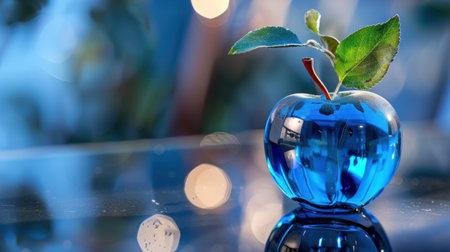 A stunning glass apple decoration featuring a vibrant blue hue and a green leaf, set on a reflective surface, creating a beautiful bokeh effect.の素材