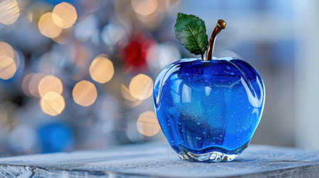 A striking blue glass apple with a green leaf, set against a dreamy background of bokeh lights, perfect as a decorative piece or gift choice.の素材