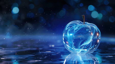 This stunning image features a glowing blue crystal apple illuminated by soft bokeh lights, set against a reflective surface, creating a tranquil and surreal atmosphere.の素材