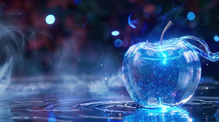 This enchanting stock photo features a transparent blue apple surrounded by shimmering light trails and water splashes, set in a mystical environment.の素材