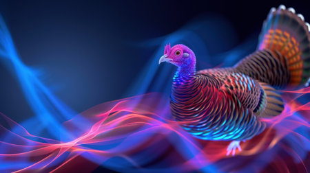 A mesmerizing digital illustration showcasing a turkey amidst swirling light patterns in vibrant blue and pink hues, capturing the beauty of nature through artistic expression.の素材