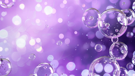 This captivating image features delicate bubbles floating serenely against a soft purple background, enhanced by glimmering light effects and dreamy bokeh elements.の素材