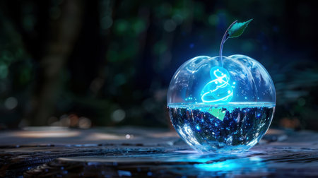 A stunning crystal apple sits gracefully in water, illuminated by a soft glow. The single leaf adds a touch of nature, creating a magical atmosphere.の素材